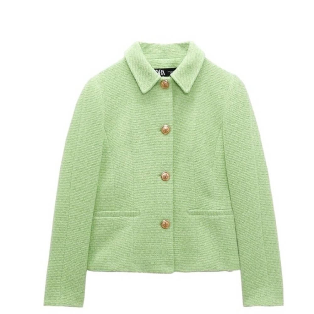 Zara Light Green Tweed Jacket with Buttons